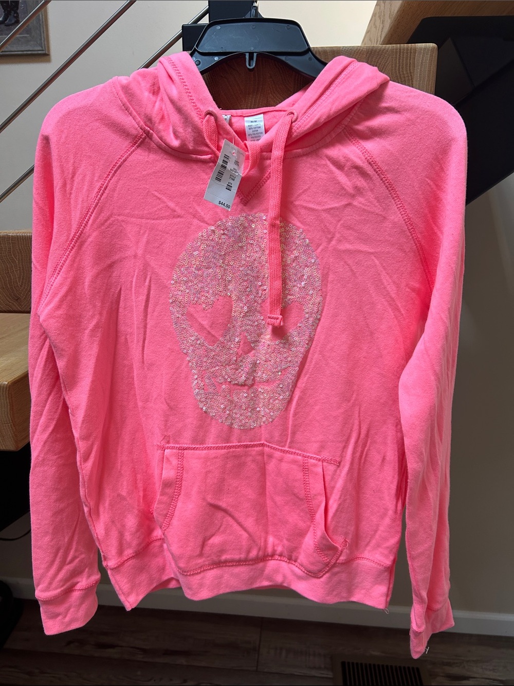 Aeropostale Neon Pink Girls' Sequin Skull Hoodie